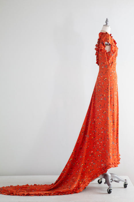 Stunning Late 1930's Silky Rayon Floral Hawaiian Style Gown With Train / SM