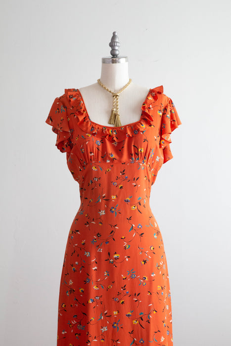 Stunning Late 1930's Silky Rayon Floral Hawaiian Style Gown With Train / SM