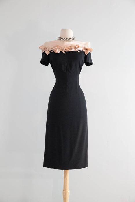 Fabulous 1950's Little Black Dress By Patullo Jo-Copeland with Pink Roses / M