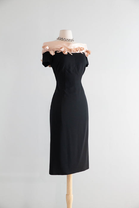 Fabulous 1950's Little Black Dress By Patullo Jo-Copeland with Pink Roses / M
