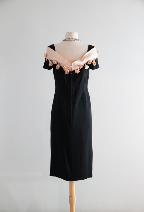Fabulous 1950's Little Black Dress By Patullo Jo-Copeland with Pink Roses / M