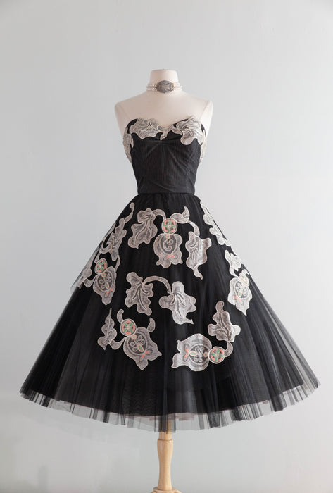 Exquisite 1950's Black Strapless Party Dress With Lace Appliqué & Embroidery By Alfandri / Small