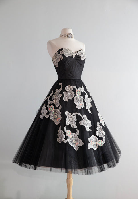 Exquisite 1950's Black Strapless Party Dress With Lace Appliqué & Embroidery By Alfandri / Small