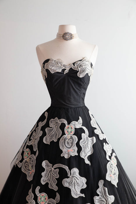 Exquisite 1950's Black Strapless Party Dress With Lace Appliqué & Embroidery By Alfandri / Small