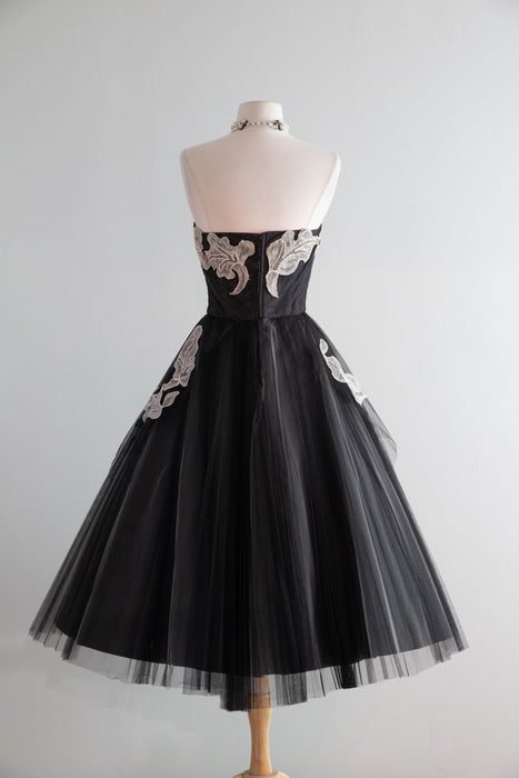 Exquisite 1950's Black Strapless Party Dress With Lace Appliqué & Embroidery By Alfandri / Small