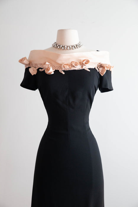 Fabulous 1950's Little Black Dress By Patullo Jo-Copeland with Pink Roses / M