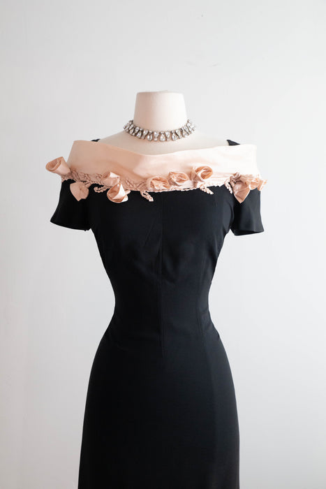 Fabulous 1950's Little Black Dress By Patullo Jo-Copeland with Pink Roses / M