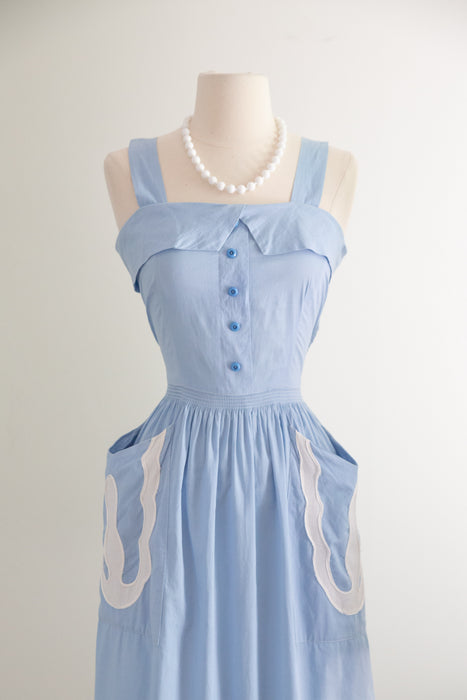 Charming Early 1950's Cornflower Blue Cotton Sundress With Pockets / M