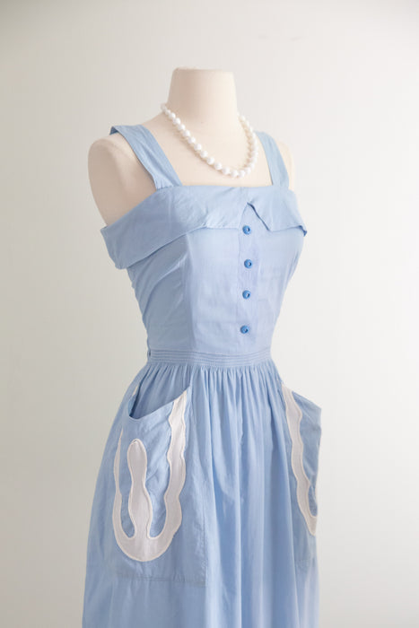 Charming Early 1950's Cornflower Blue Cotton Sundress With Pockets / M