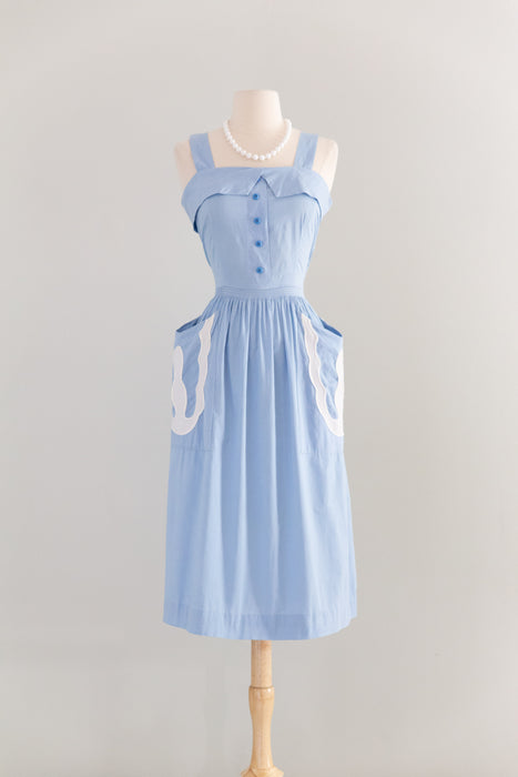 Charming Early 1950's Cornflower Blue Cotton Sundress With Pockets / M
