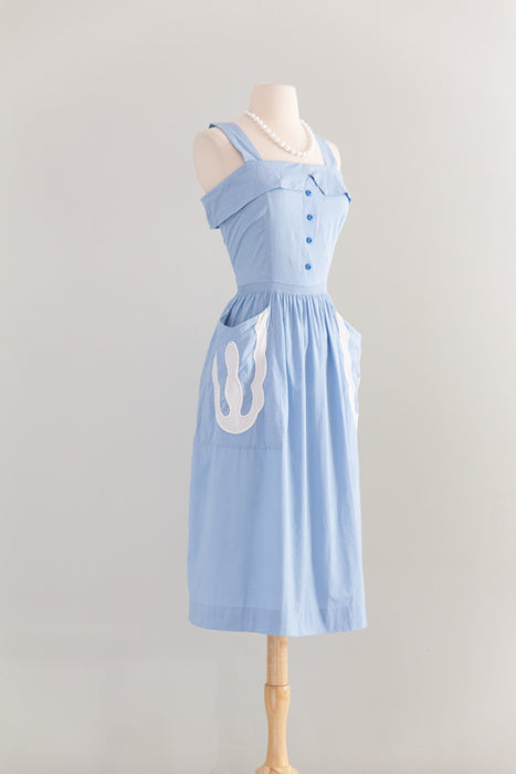Charming Early 1950's Cornflower Blue Cotton Sundress With Pockets / M