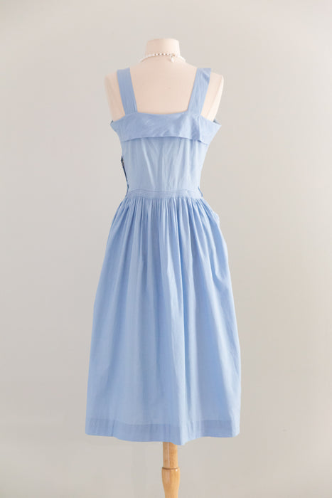 Charming Early 1950's Cornflower Blue Cotton Sundress With Pockets / M