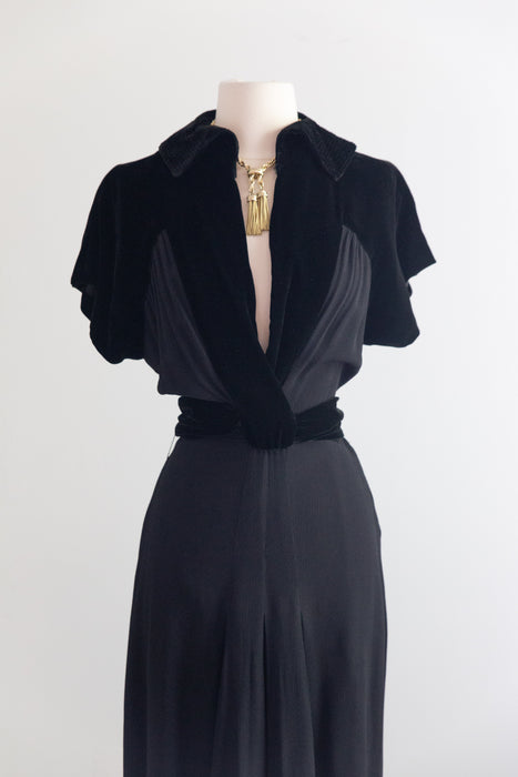 Elegant Late 1930's Black Evening Gown With Velvet Accents / M