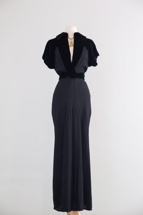Elegant Late 1930's Black Evening Gown With Velvet Accents / M