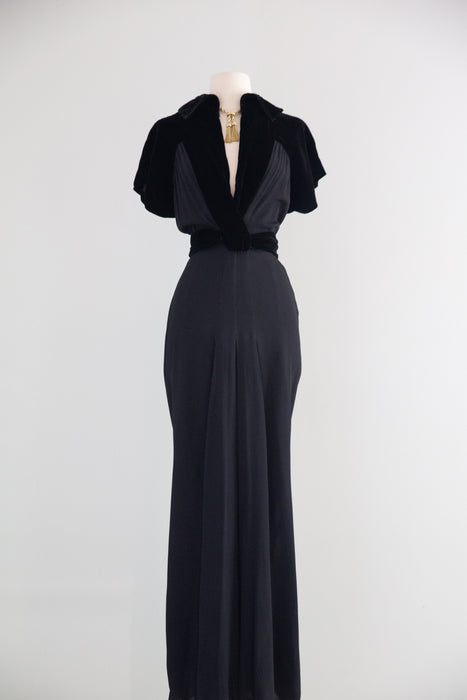 Elegant Late 1930's Black Evening Gown With Velvet Accents / M