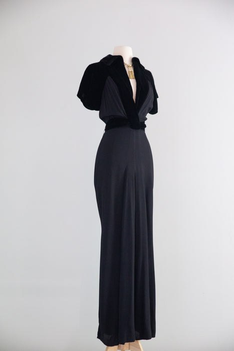 Elegant Late 1930's Black Evening Gown With Velvet Accents / M