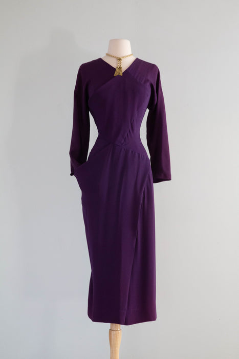 Fabulous 1940's Plum Rayon Crepe Evening Dress / Small