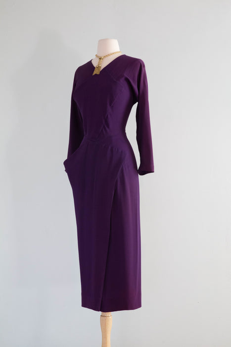 Fabulous 1940's Plum Rayon Crepe Evening Dress / Small