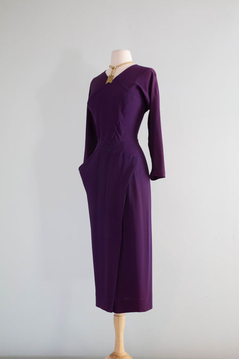 Fabulous 1940's Plum Rayon Crepe Evening Dress / Small