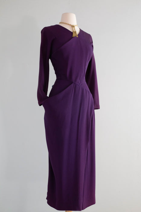 Fabulous 1940's Plum Rayon Crepe Evening Dress / Small