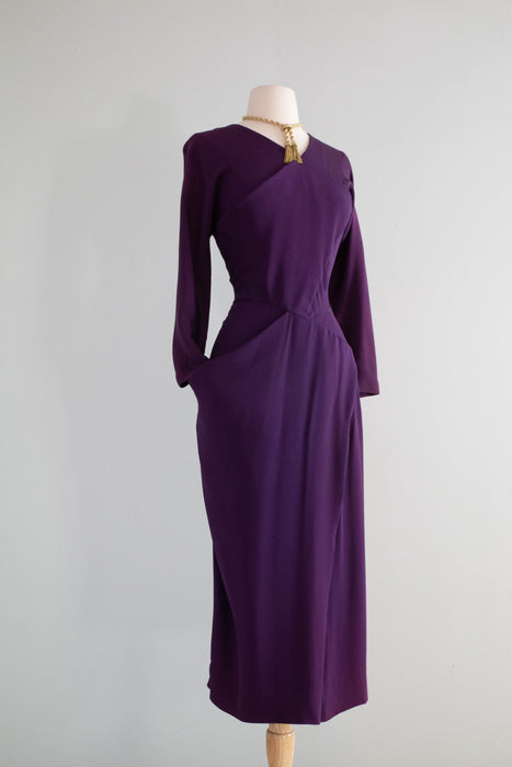 Fabulous 1940's Plum Rayon Crepe Evening Dress / Small