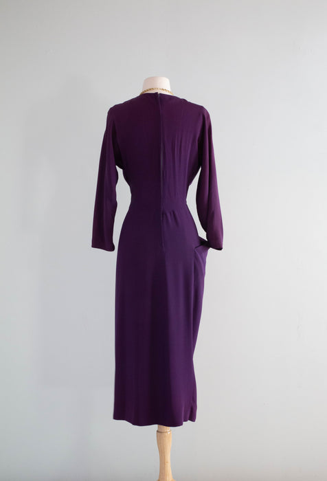 Fabulous 1940's Plum Rayon Crepe Evening Dress / Small