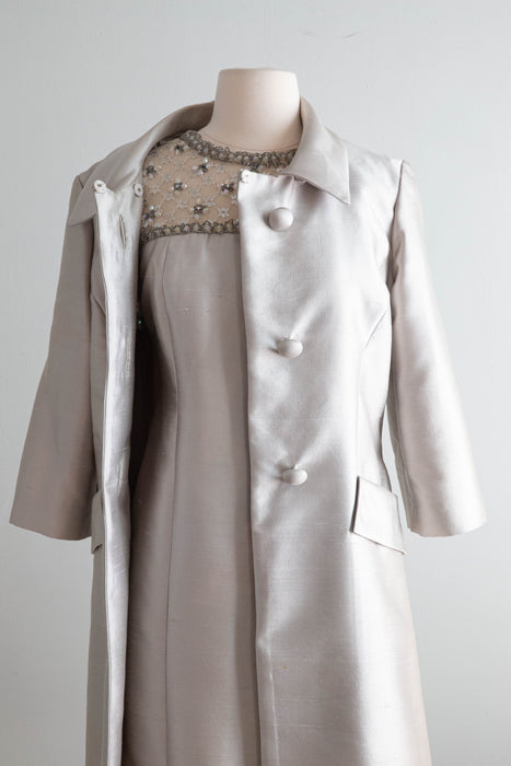 Fabulous 1960's Shantung Silk Silver Cocktail Dress & Matching Jacket / Med.