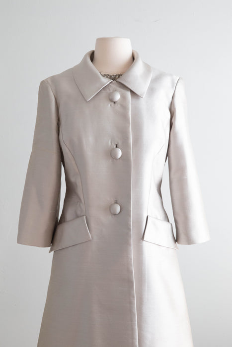 Fabulous 1960's Shantung Silk Silver Cocktail Dress & Matching Jacket / Med.