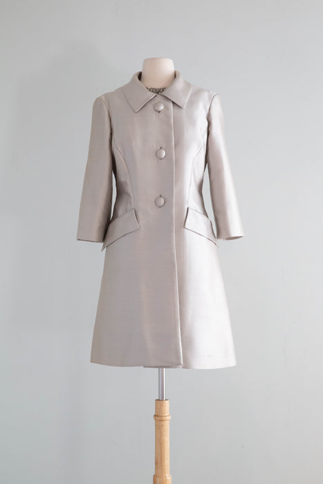 Fabulous 1960's Shantung Silk Silver Cocktail Dress & Matching Jacket / Med.