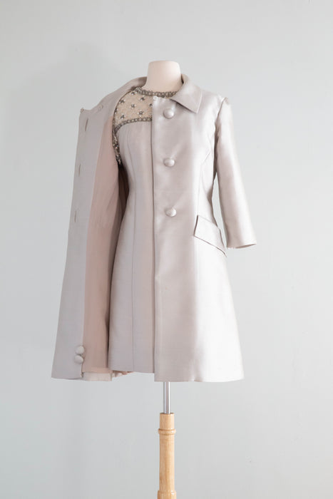 Fabulous 1960's Shantung Silk Silver Cocktail Dress & Matching Jacket / Med.