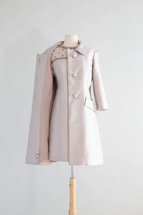 Fabulous 1960's Shantung Silk Silver Cocktail Dress & Matching Jacket / Med.