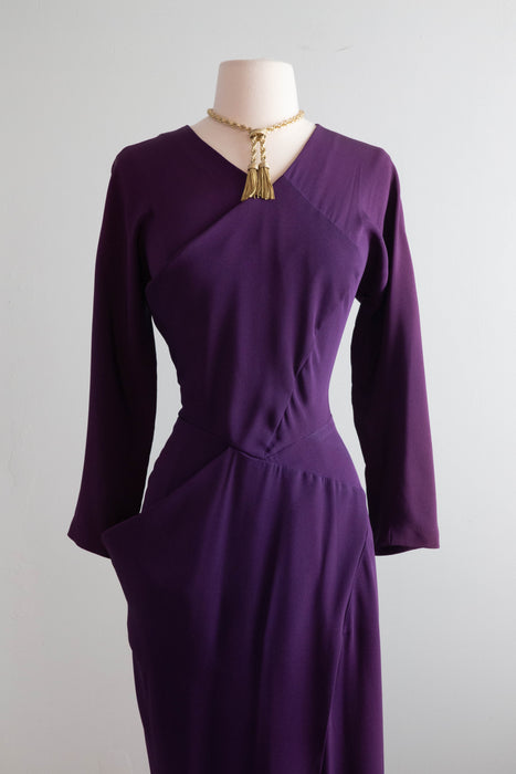 Fabulous 1940's Plum Rayon Crepe Evening Dress / Small