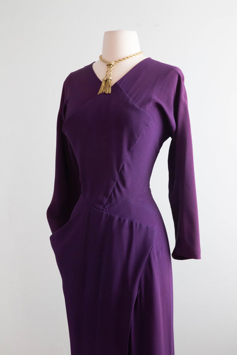 Fabulous 1940's Plum Rayon Crepe Evening Dress / Small