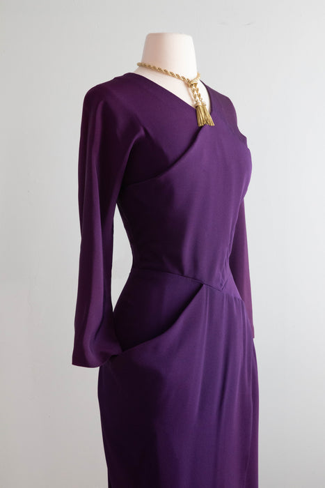 Fabulous 1940's Plum Rayon Crepe Evening Dress / Small