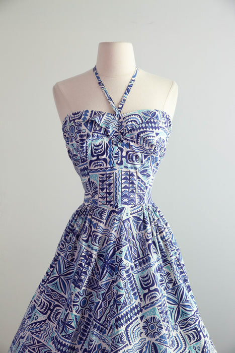 Beautiful Blue 1950's Hawaiian Cotton Halter Neck Dress In Shades of Blue / L AS-IS