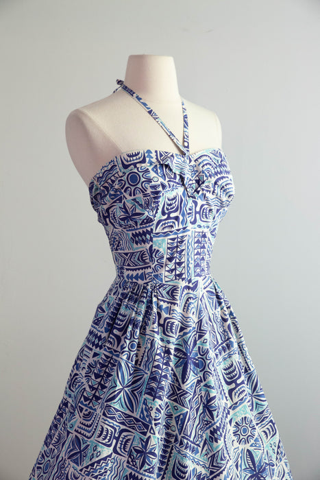 Beautiful Blue 1950's Hawaiian Cotton Halter Neck Dress In Shades of Blue / L AS-IS