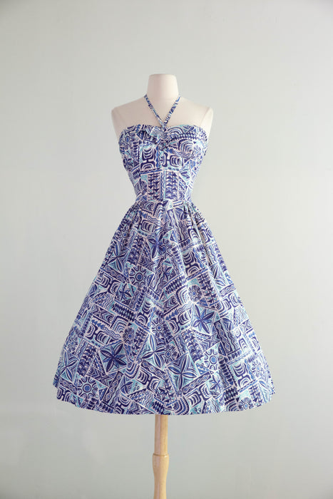 Beautiful Blue 1950's Hawaiian Cotton Halter Neck Dress In Shades of Blue / L AS-IS