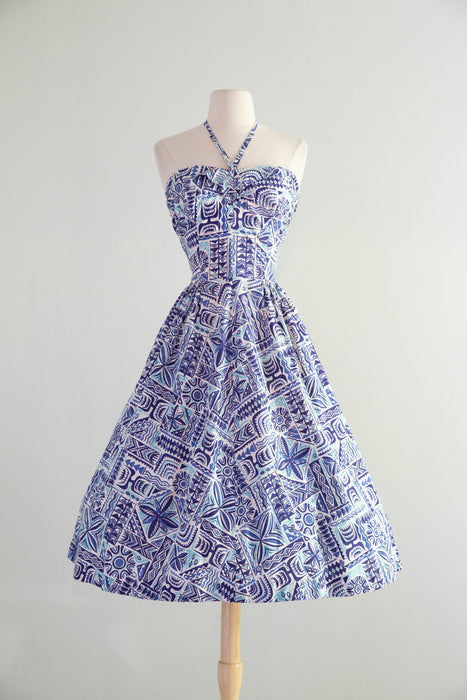 Beautiful Blue 1950's Hawaiian Cotton Halter Neck Dress In Shades of Blue / L AS-IS