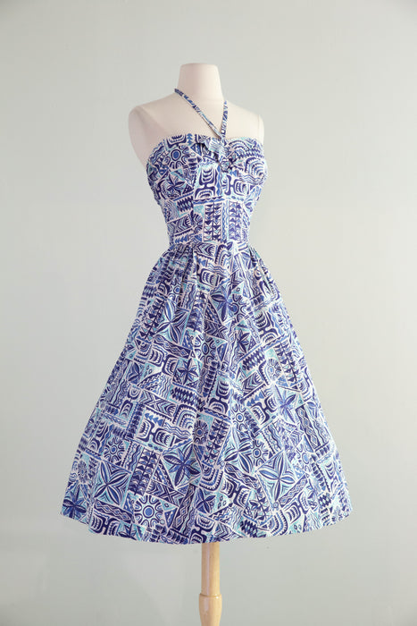 Beautiful Blue 1950's Hawaiian Cotton Halter Neck Dress In Shades of Blue / L AS-IS