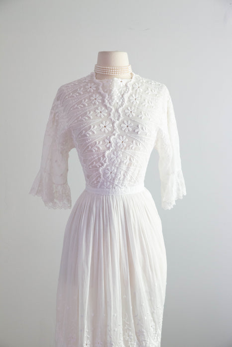 Ethereal Edwardian Embroidered Cotton Wedding Dress Three Piece Set / XS
