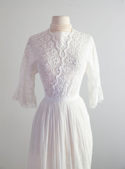 Ethereal Edwardian Embroidered Cotton Wedding Dress Three Piece Set / XS