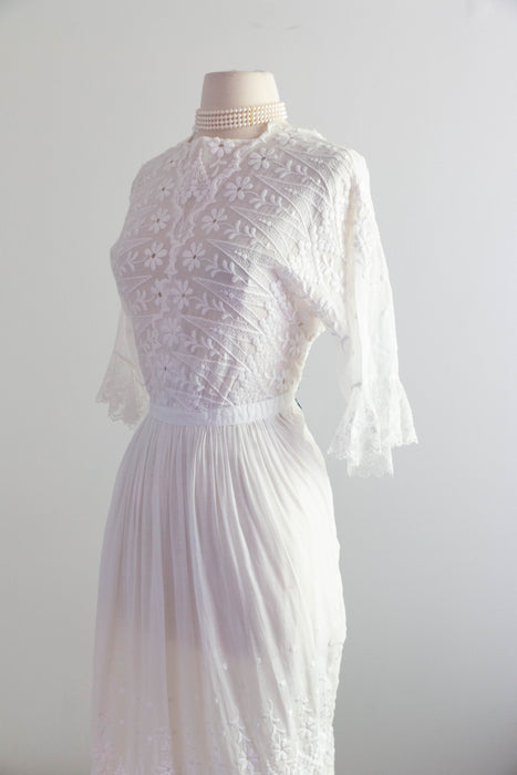 Ethereal Edwardian Embroidered Cotton Wedding Dress Three Piece Set / XS
