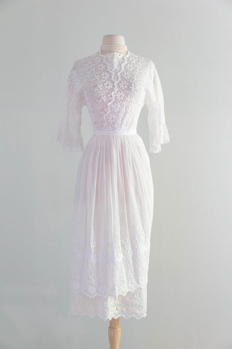 Ethereal Edwardian Embroidered Cotton Wedding Dress Three Piece Set / XS