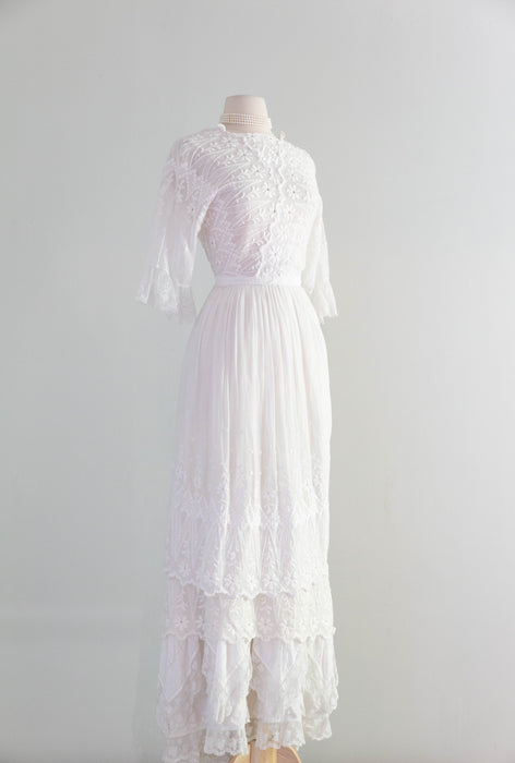 Ethereal Edwardian Embroidered Cotton Wedding Dress Three Piece Set / XS