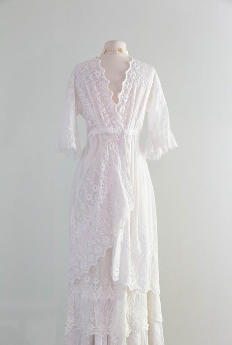 Ethereal Edwardian Embroidered Cotton Wedding Dress Three Piece Set / XS