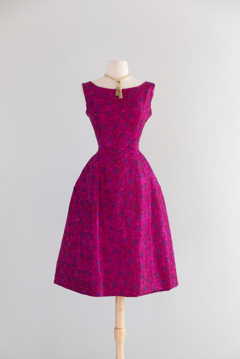 Gorgeous 1950's Fuschia Silk Taffeta Demi Couture Cocktail Dress From Elizabeth Arden / SM
