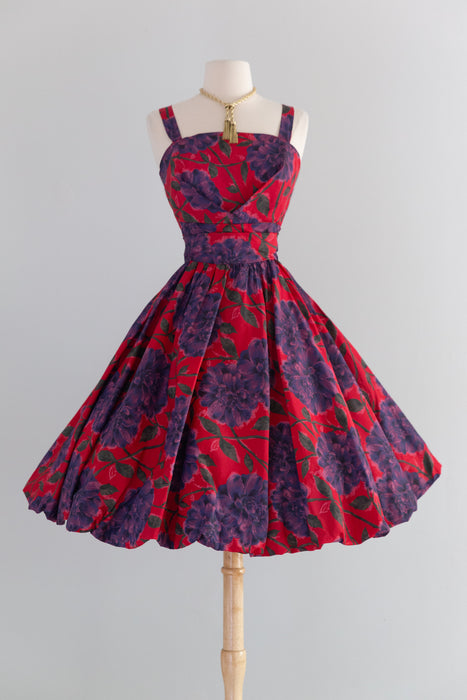 Fabulous 1950's Dahlia Print Party Dress With Bubble Hem / M