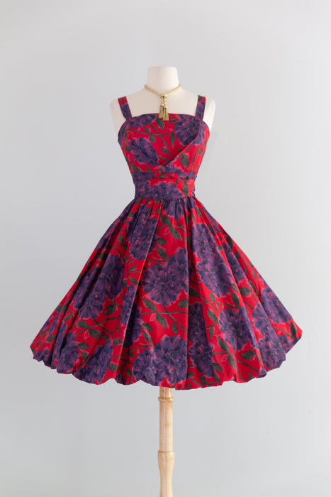 Fabulous 1950's Dahlia Print Party Dress With Bubble Hem / M
