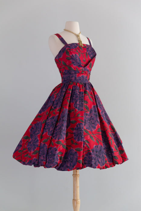 Fabulous 1950's Dahlia Print Party Dress With Bubble Hem / M