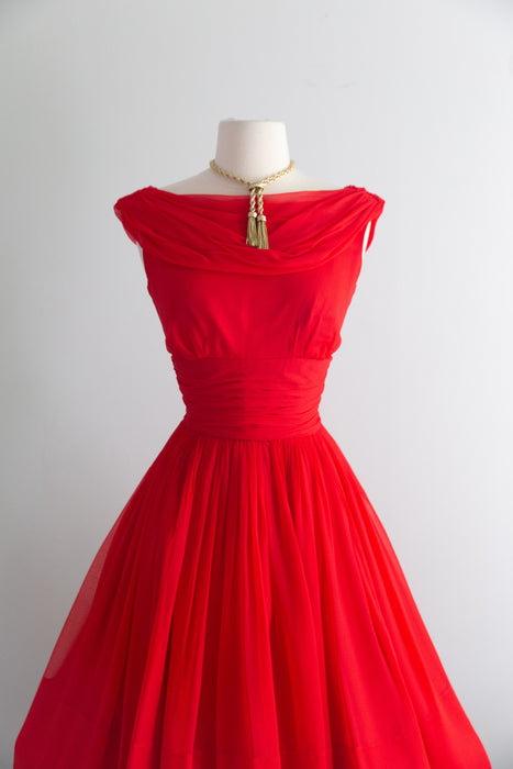 Late 1950's Little Red Party Dress in Chiffon / S